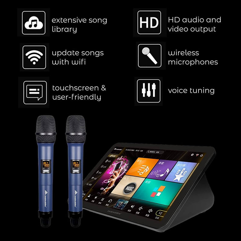 Karaoke System with Touch Screen Display, Speaker Set, and Dual Wireless Mics